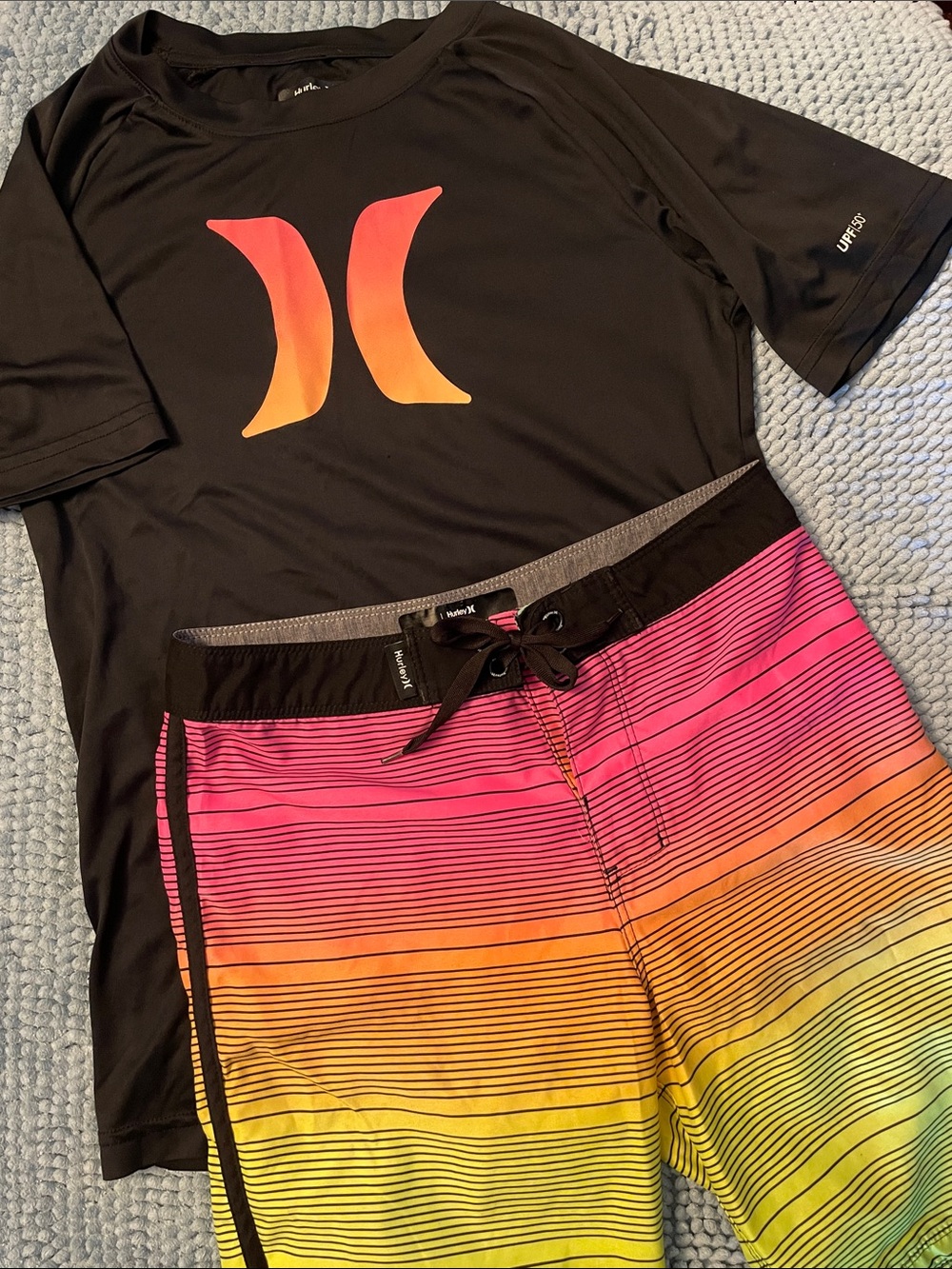 Hurley Black Rash Guard with Pink-Orange-Yellow Gradient Boardshorts